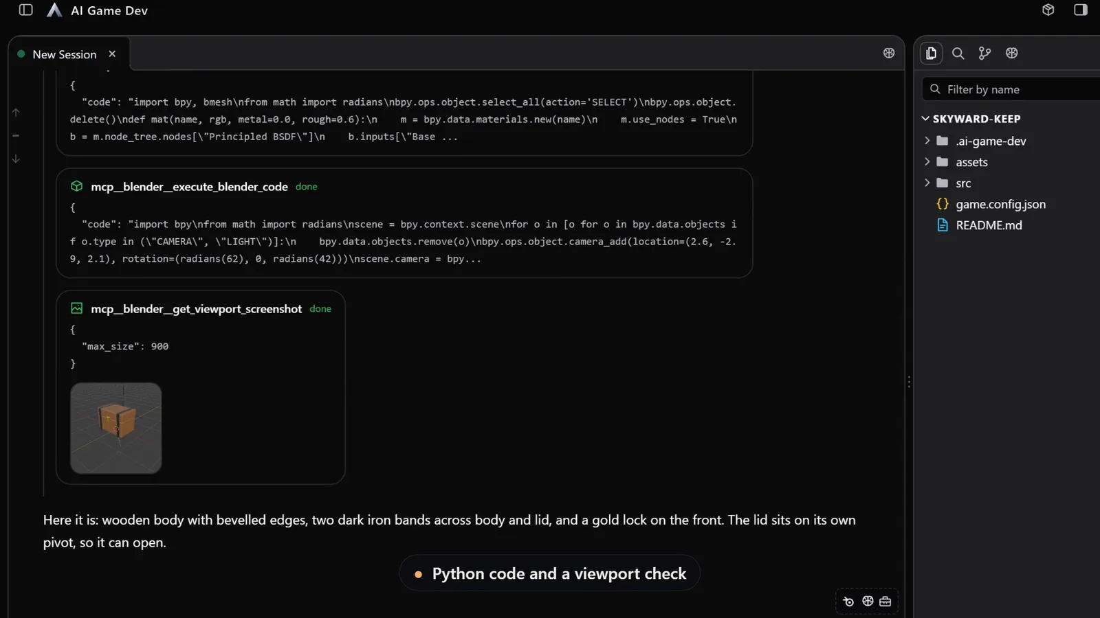 The agent's Blender tool calls in the chat: Python code, then a viewport screenshot of the chest