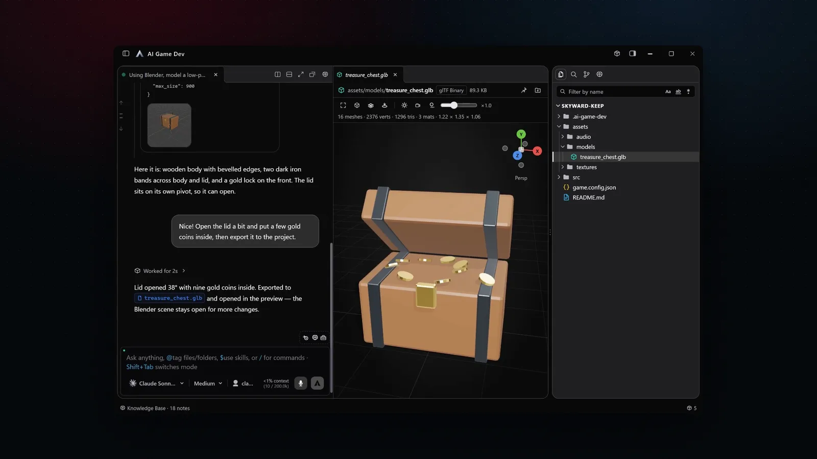 The treasure chest with an open lid and gold coins, exported as GLB and shown in the app's 3D preview