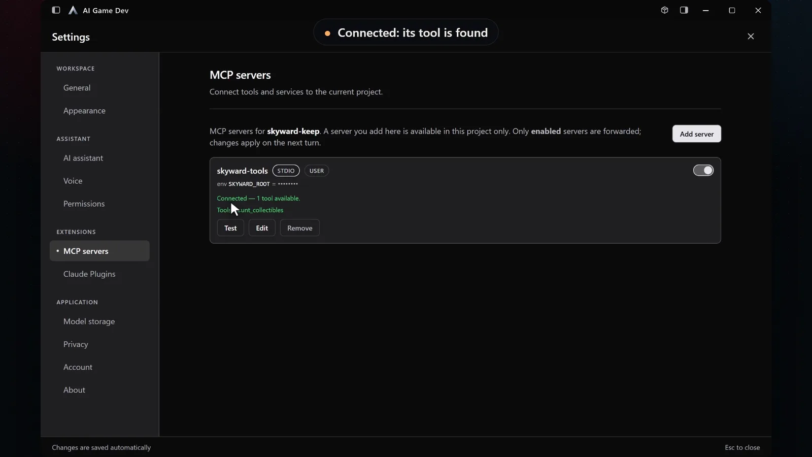 The skyward-tools MCP server in Settings, connected, with one tool available