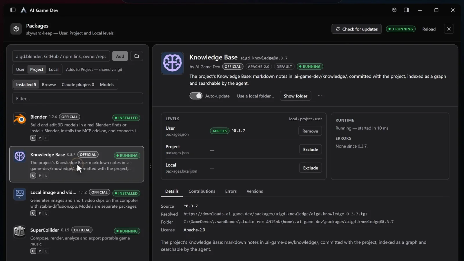 The Packages window listing Blender, Knowledge Base, local image and video, SuperCollider and Tripo, with the Knowledge Base details and its levels