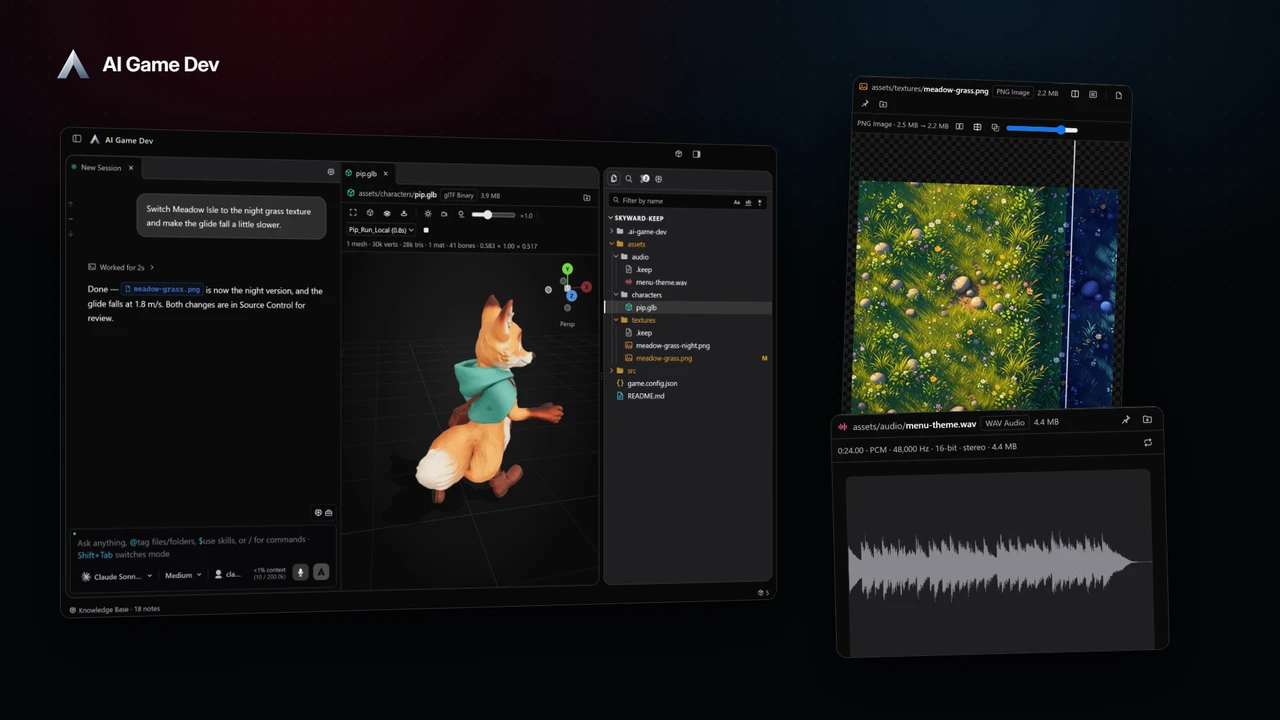 A Game Dev Workspace for AI — Chats, 3D Models, Textures and Git in One Window