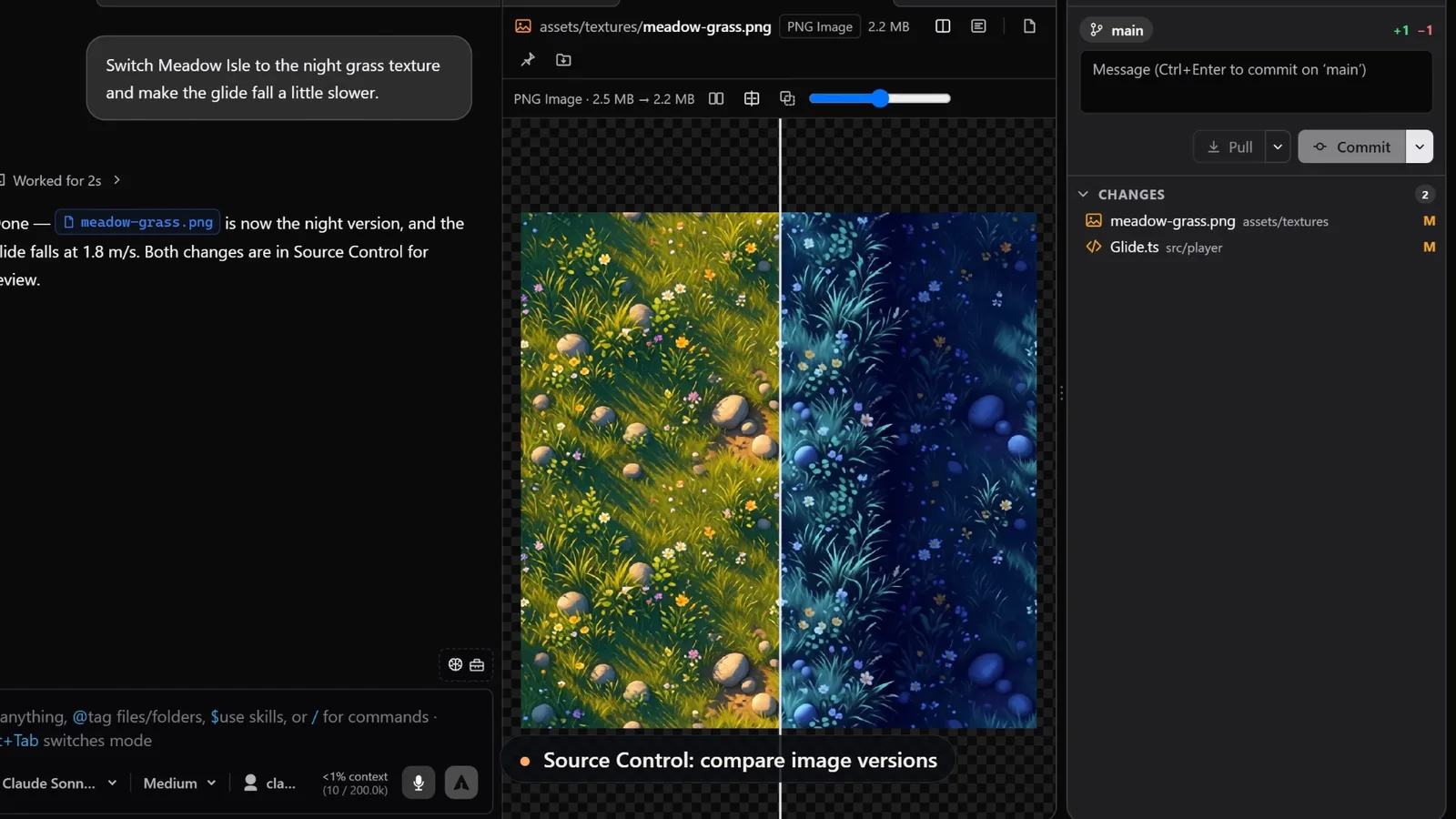 Source Control comparing the day and night versions of the grass texture with a slider