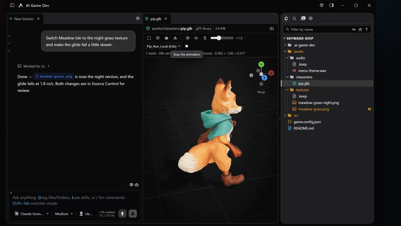 The animated 3D model of the fox character docked in a preview pane beside the chat