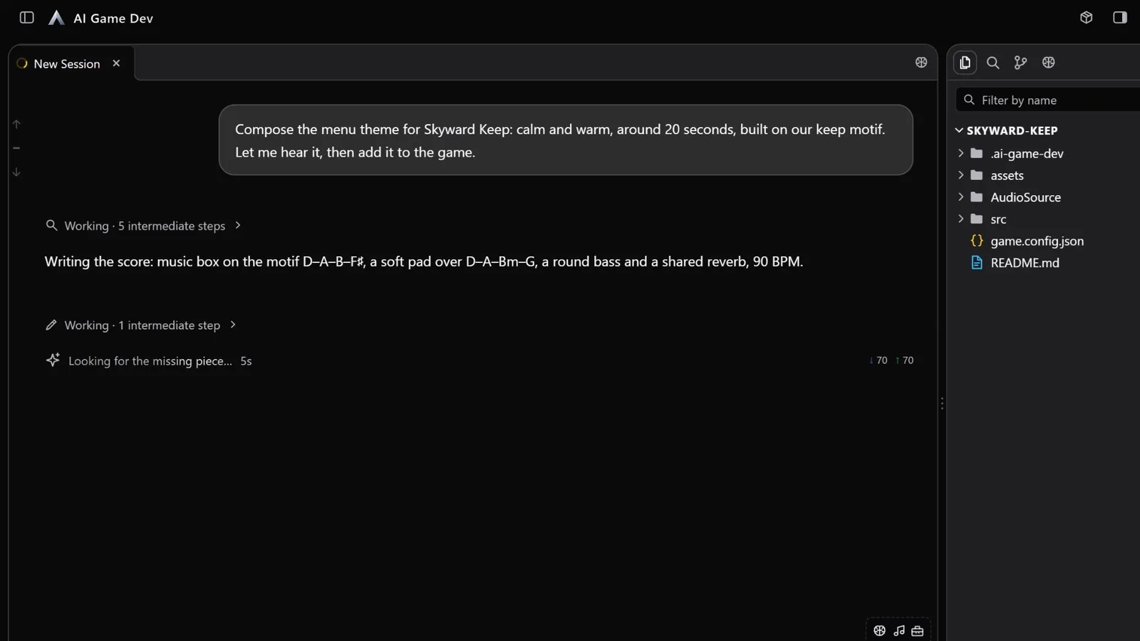 The agent's message describing the SuperCollider score it is writing for the menu theme