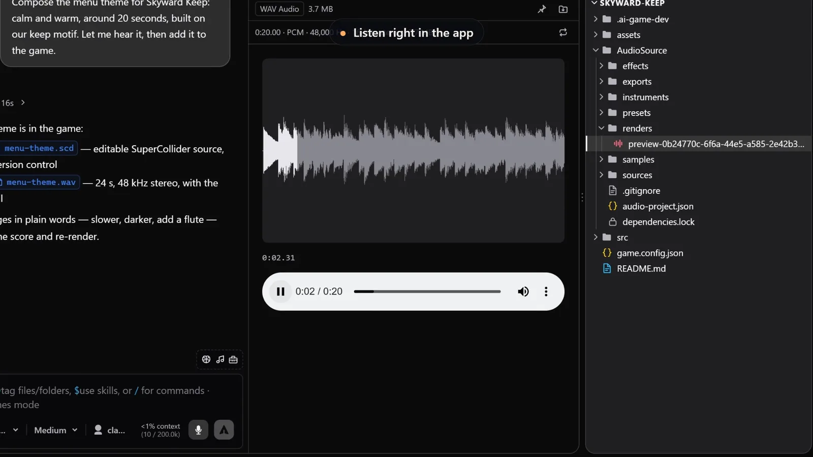 The rendered menu theme playing in the app's audio preview with its waveform