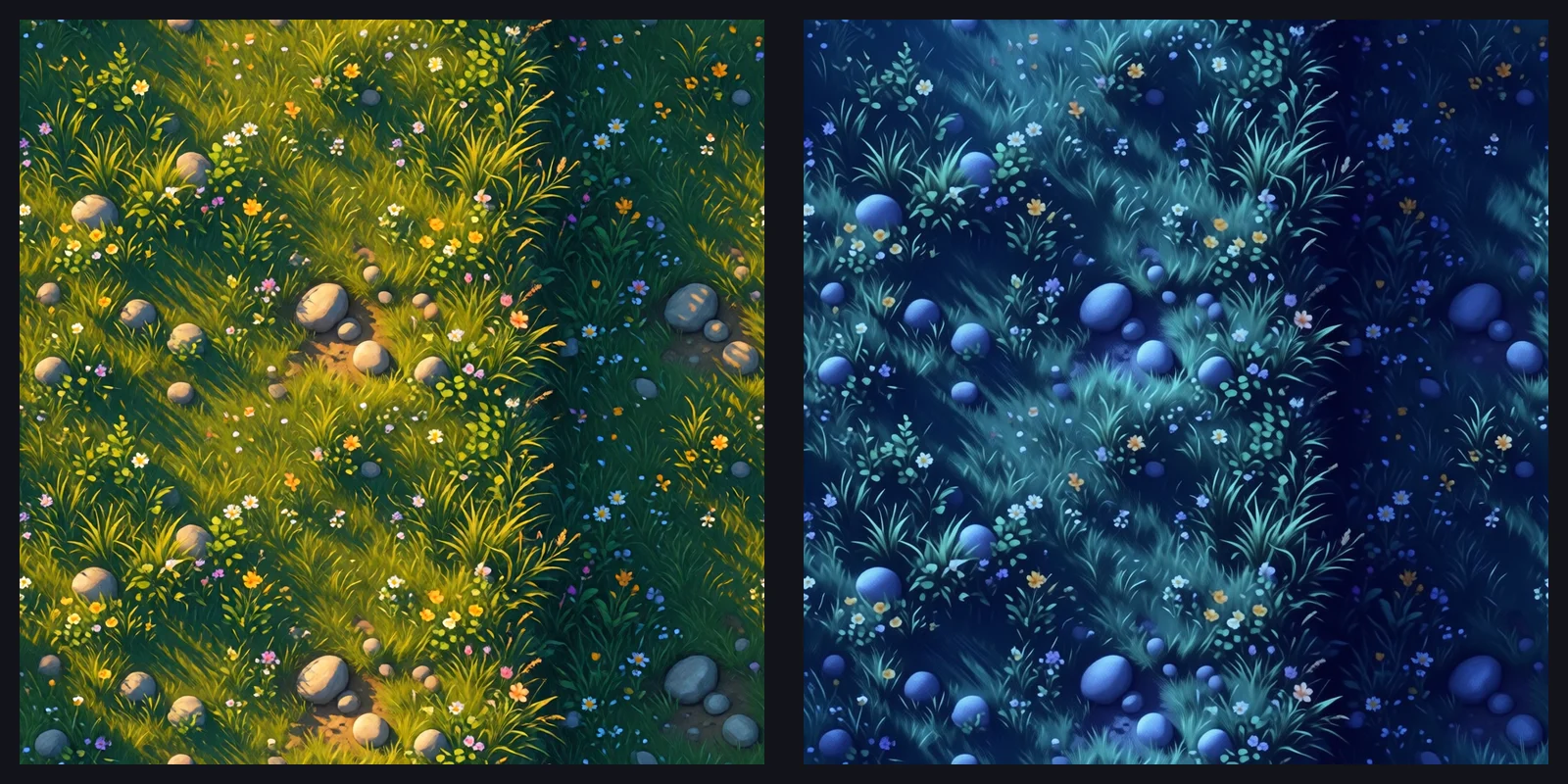 The grass texture and its moonlit night edit side by side, with the same layout and brush strokes