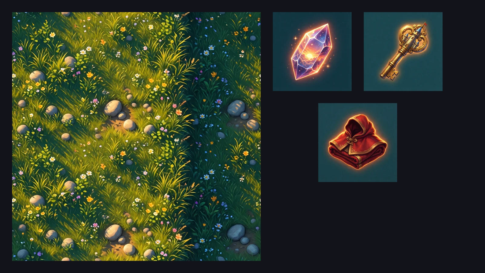 A generated tileable grass texture and three item icons, a sky shard, a keep key and a cloak, in a hand-painted style
