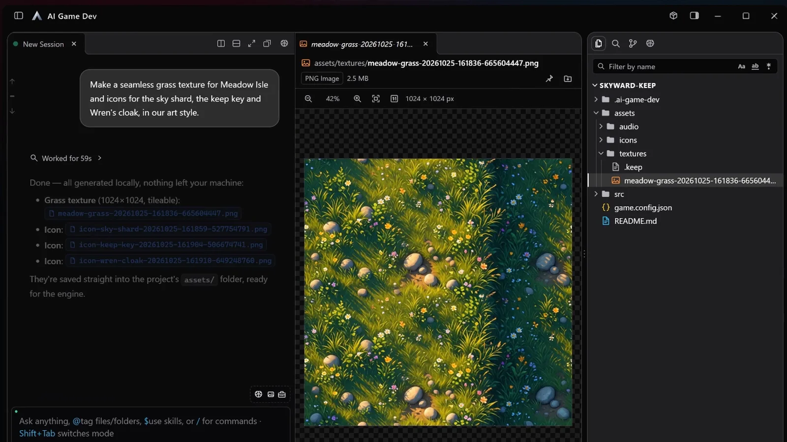 The generated grass texture open in a preview pane beside the chat that lists the saved files