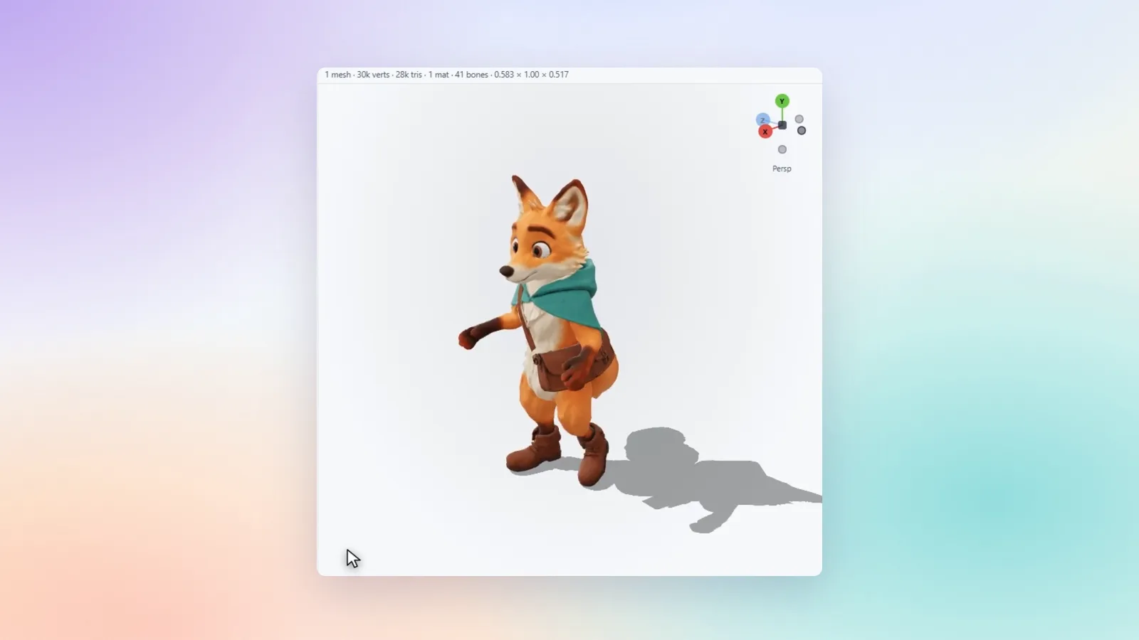 Pip the fox mid-stride in the 3D preview, playing the looping run animation